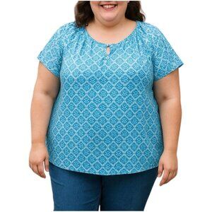 Just My Size Blue Print Keyhole Neckline Cap Sleeve Top Plus Size 2X (18W-20W)
